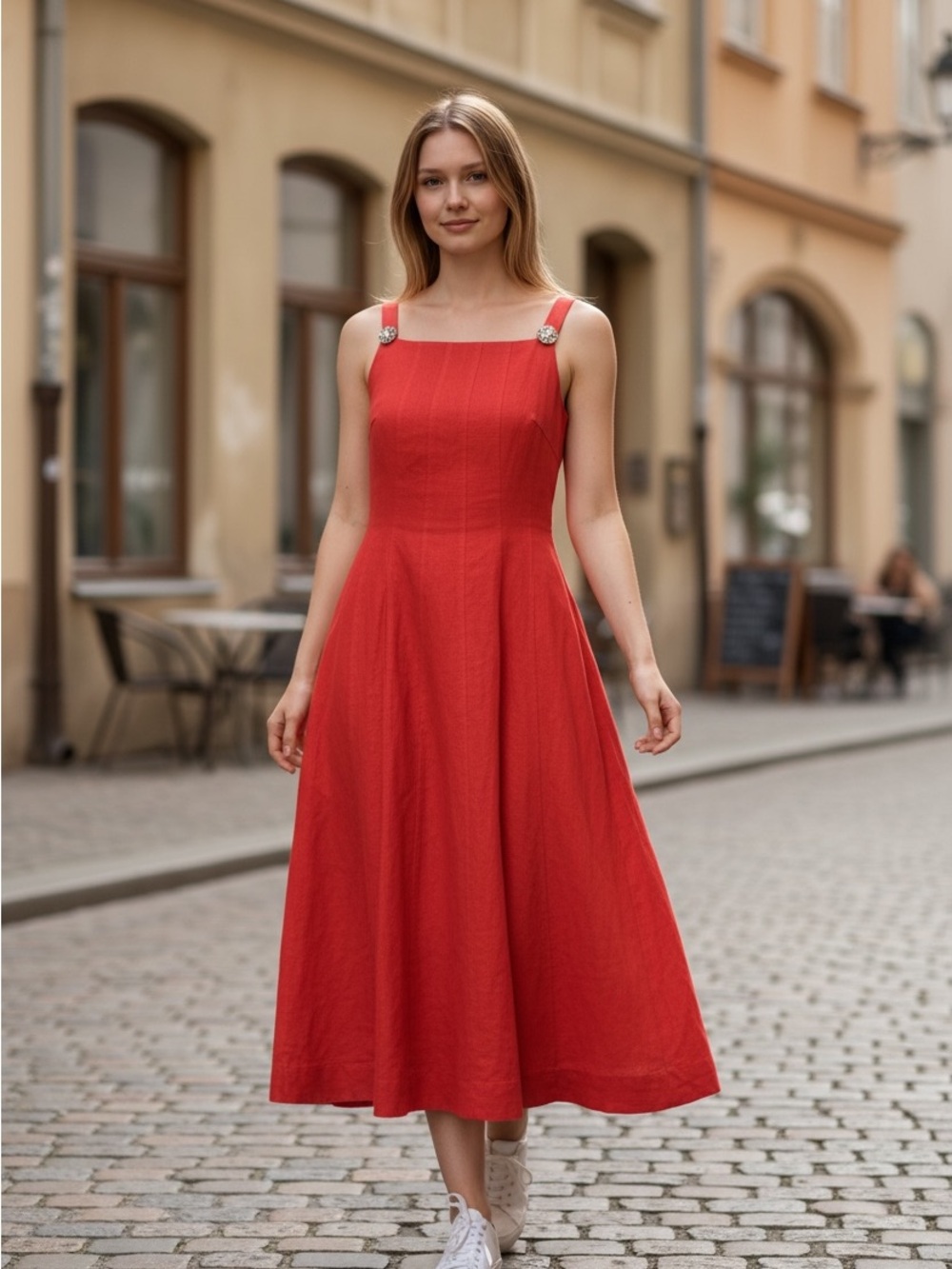 Karl Lagerfeld Red Midi Dress with Decorative Strap Buttons